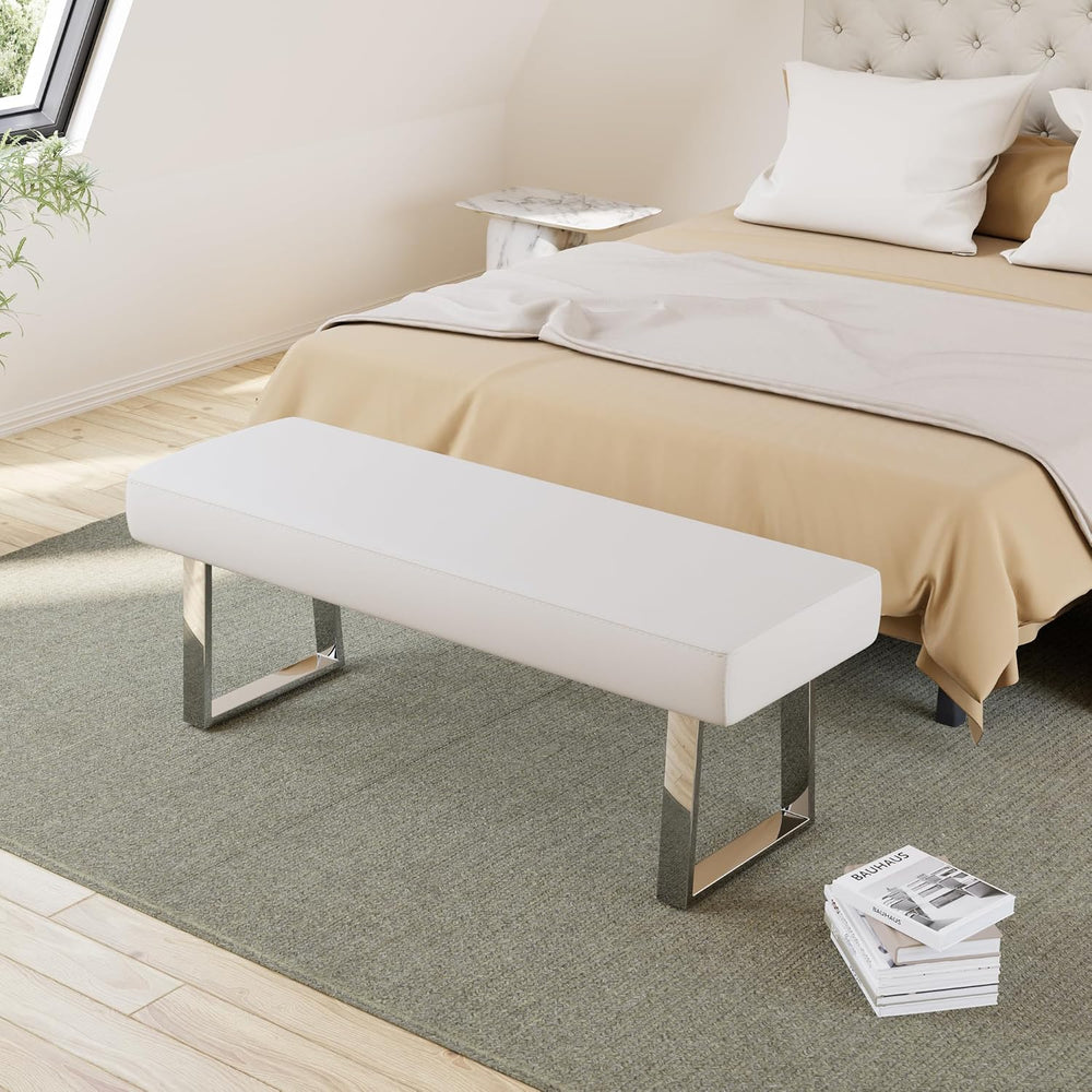 JIEXI 45.3" Upholstered PU Leather Bedroom Bench Footstool with Metal Le...