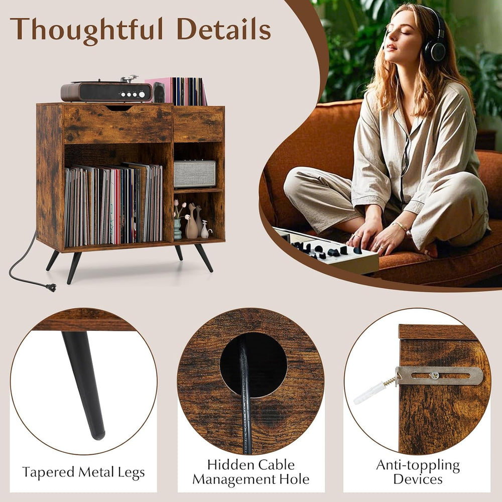 LOKO Record Player Stand with Charging Station, Vinyl Record Holder with Remo...