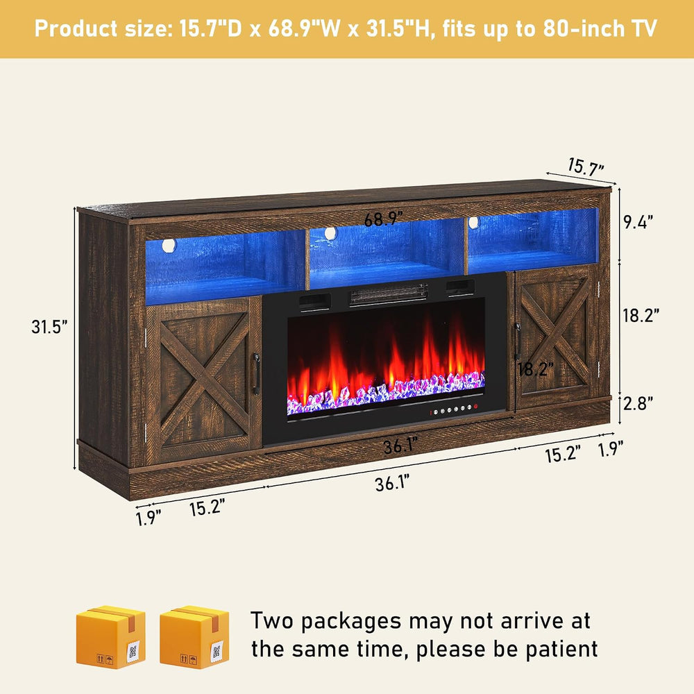 jiteentarou Farmhouse Fireplace TV Stand for 70/75/80 Inch TV, 32”Tall Entert...
