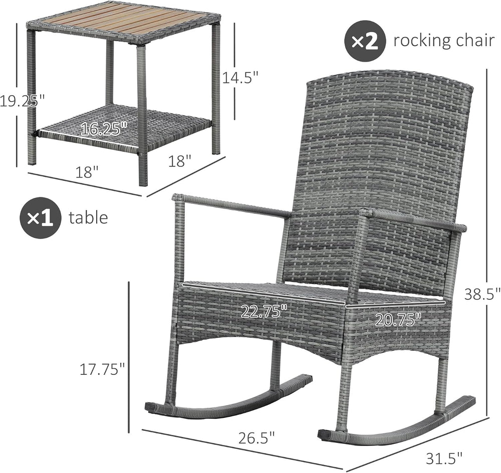 Outsunny 3 Piece Patio Rocking Chair Set, 2 PE Wicker Rocking Chairs, Cushion...