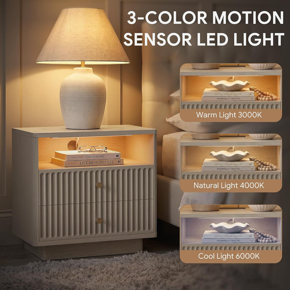 PAPROOS 23'' Fluted Nightstand Set of 2 with Charging Station, Modern...