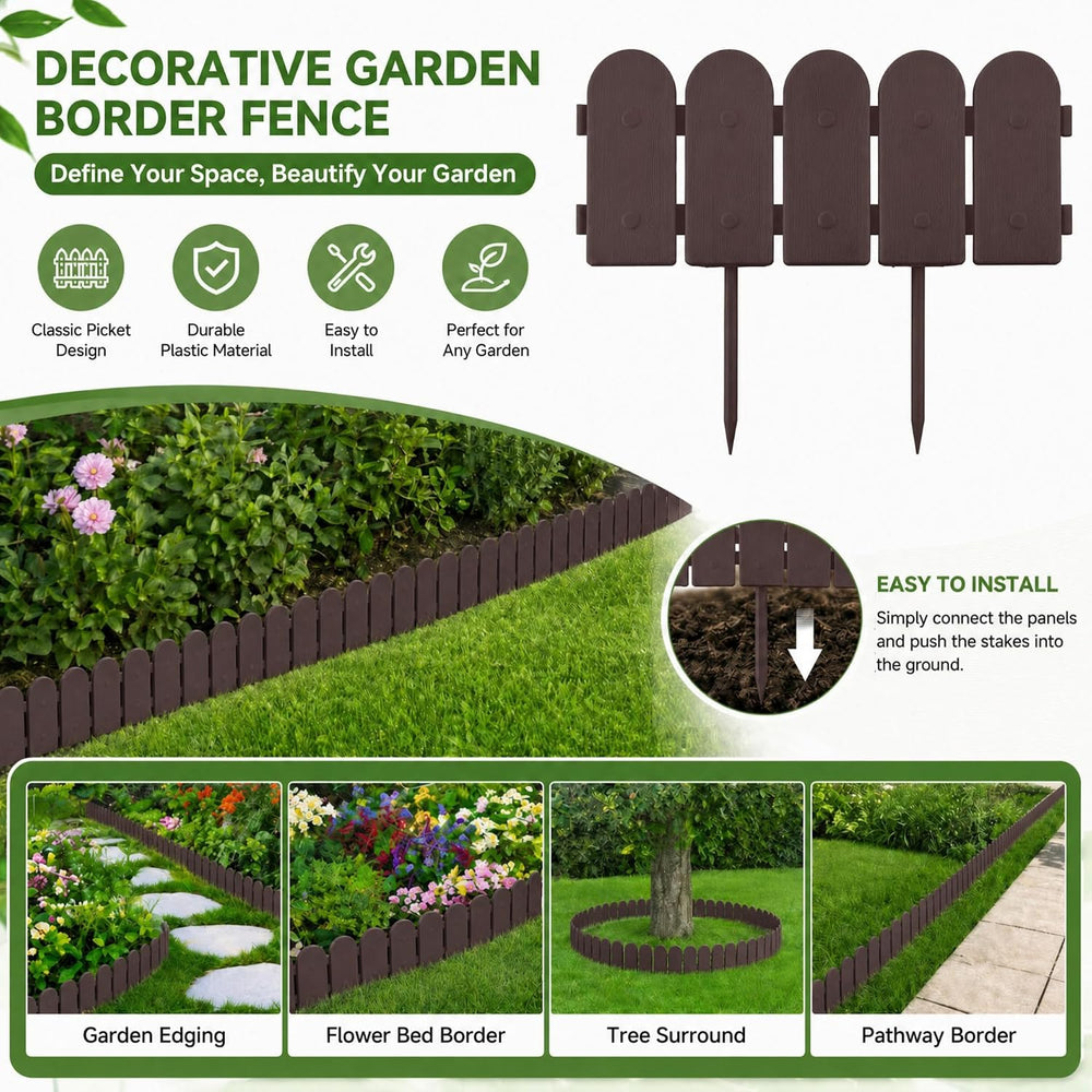 Evelyne Garden Border Plastic Edging: Wooden Fence Design - 16pcs Brown Yard ...