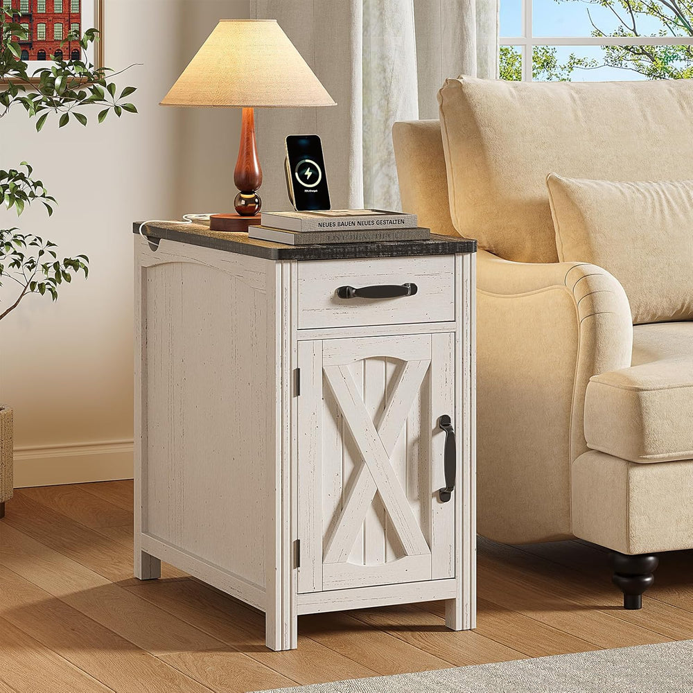 ONBRILL Farmhouse End Table with Charging Station, Narrow Side Table with Bar...