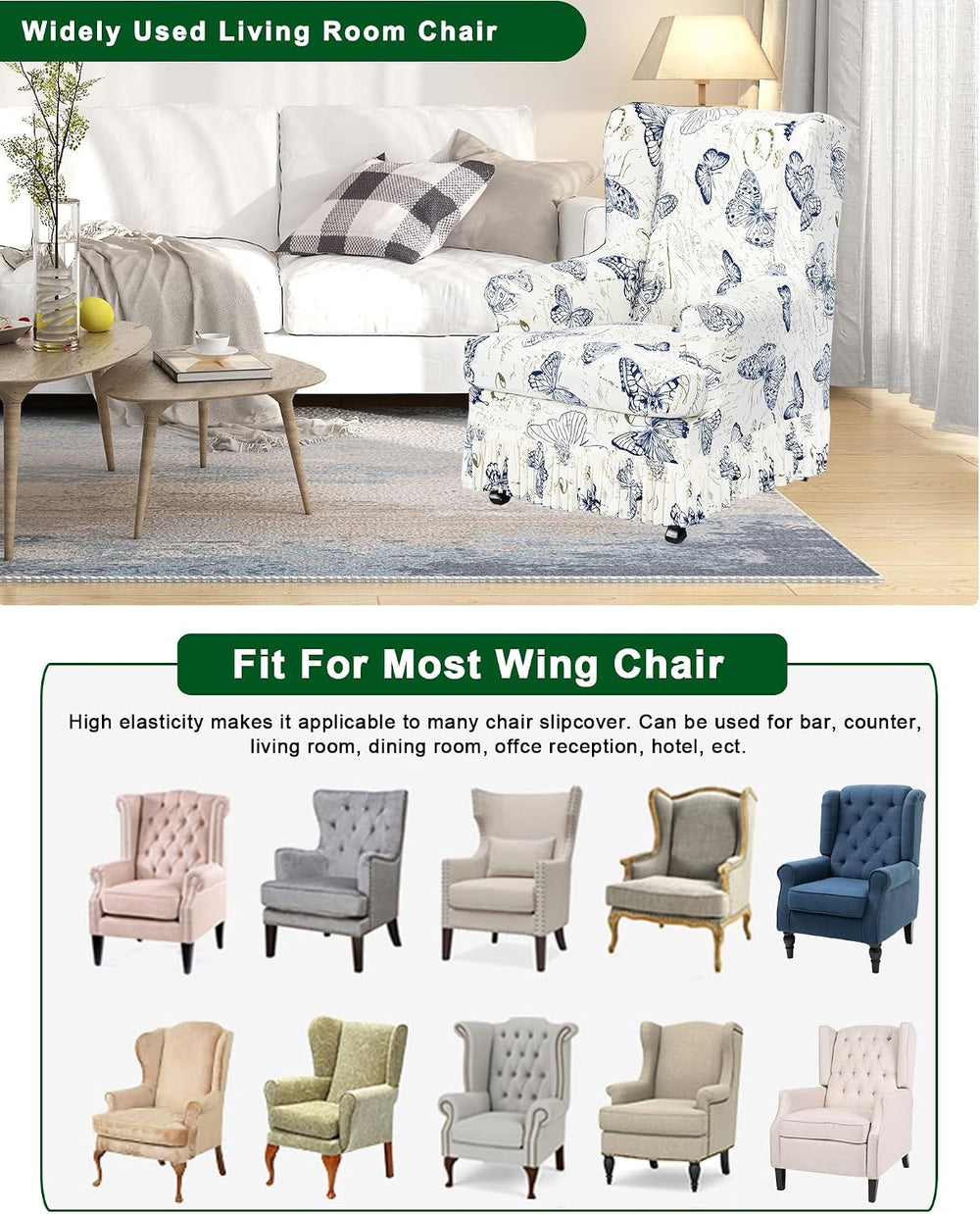 CRFATOP 2 Piece Stretch Wingback Chair Cover with Skirt for Living Room,06