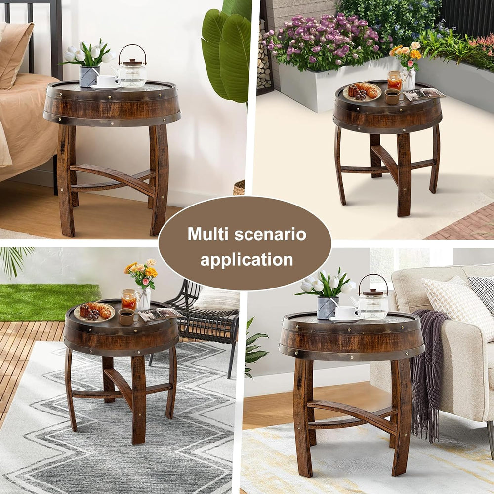 Whiskey Barrel End Table,Round Wood Wine Barrel Side Table Outdoor,Rustic Win...