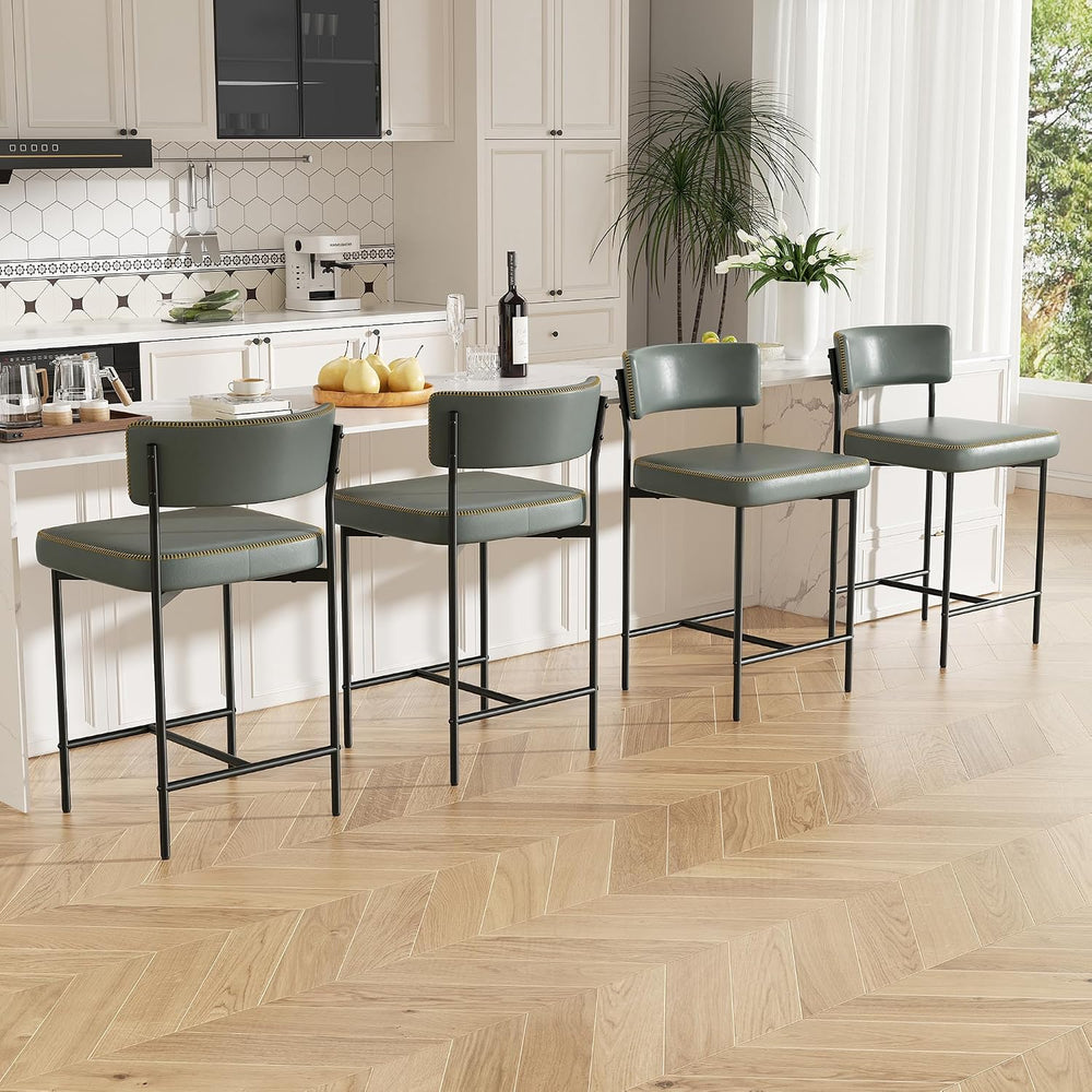 Bar Stools Set of 2, Faux Leather Counter Height Barstools with Curved Back, ...