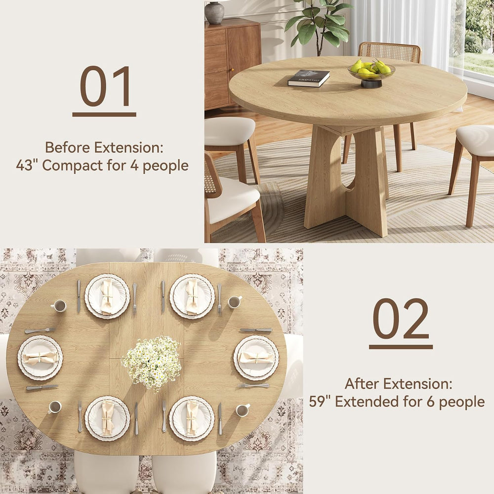 Epecoya 59-Inch Extendable Round Dining Table for Dining Room, Light Oak | 4-...