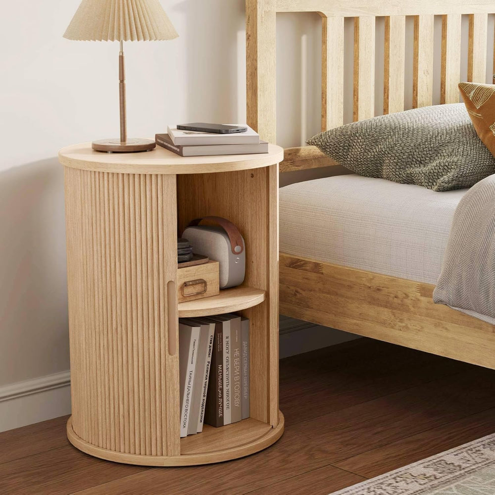 LINSY HOME Round Fluted End Table, Tall Side Table with Sliding Tambour Door ...