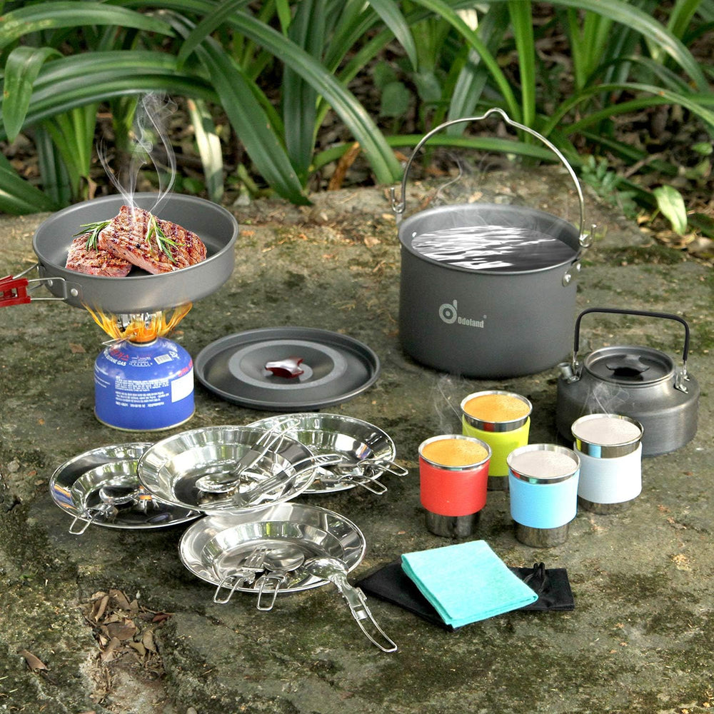 Odoland 22pcs Camping Cookware Mess Kit, Large Size Hanging Pot Pan Kettle wi...