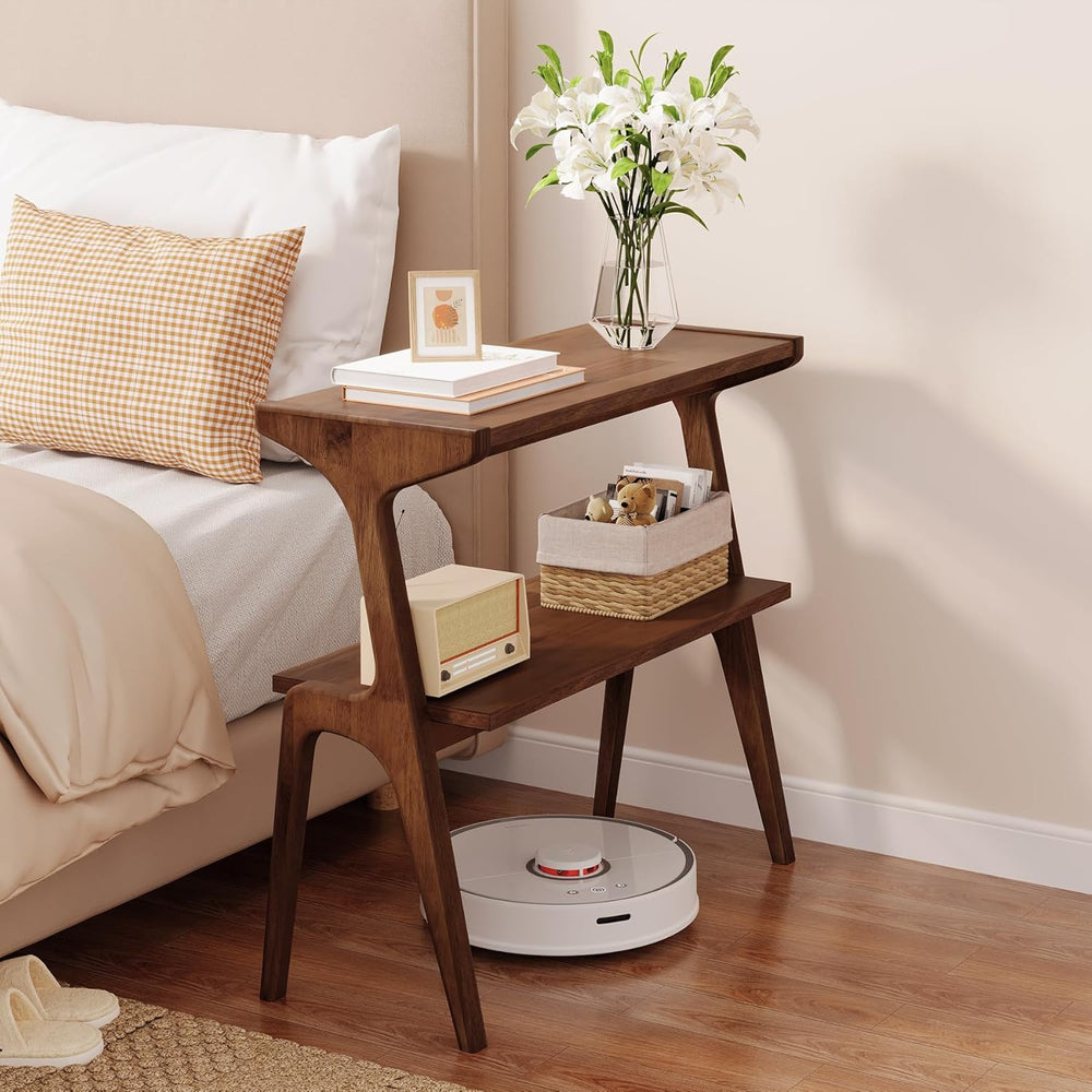 Solid Wood End Table, 2-Tier Side Table with Storage Shelf, Wooden Modern Acc...