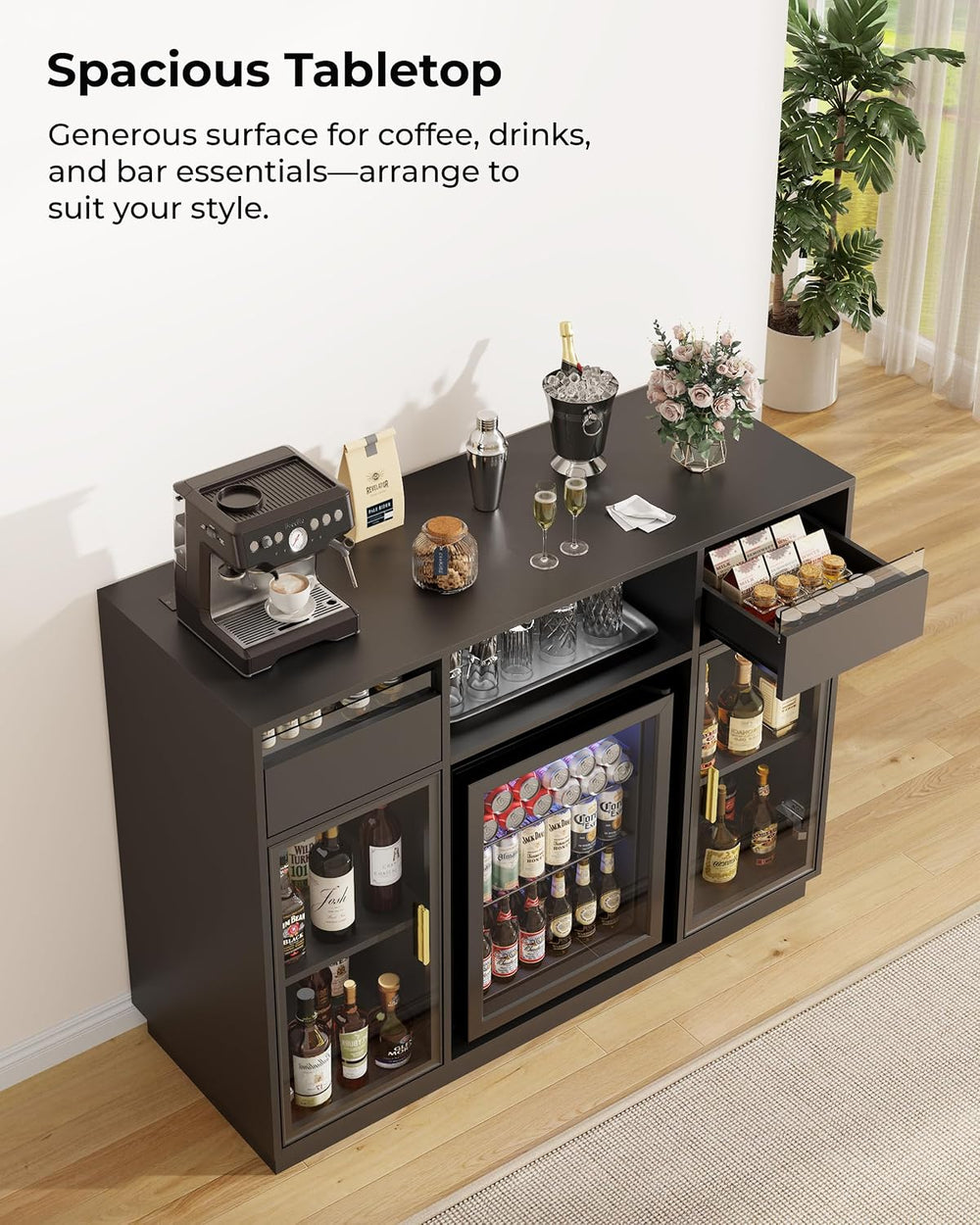 47" Large Coffee Bar Cabinet with Mini Fridge Space & LED Lights
