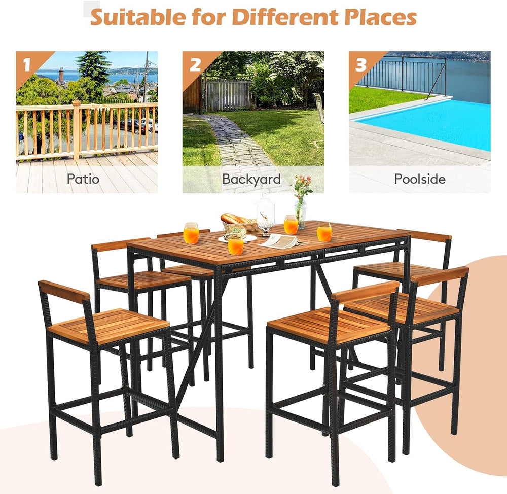 Tangkula 7-Piece Acacia Wood Bar Set with Patiojoy Outdoor Rattan High-Dining...
