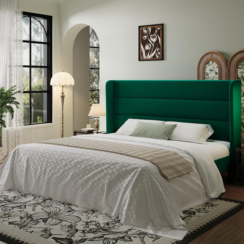 SHA CERLIN King Size Velvet Bed Frame with Wingback Headboard/Upholstered Pla...