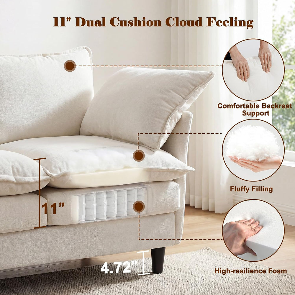 69" Couch Sofa L-Shape 3 Seat with Ottoman, Small Cloud Sofa Double-Laye...