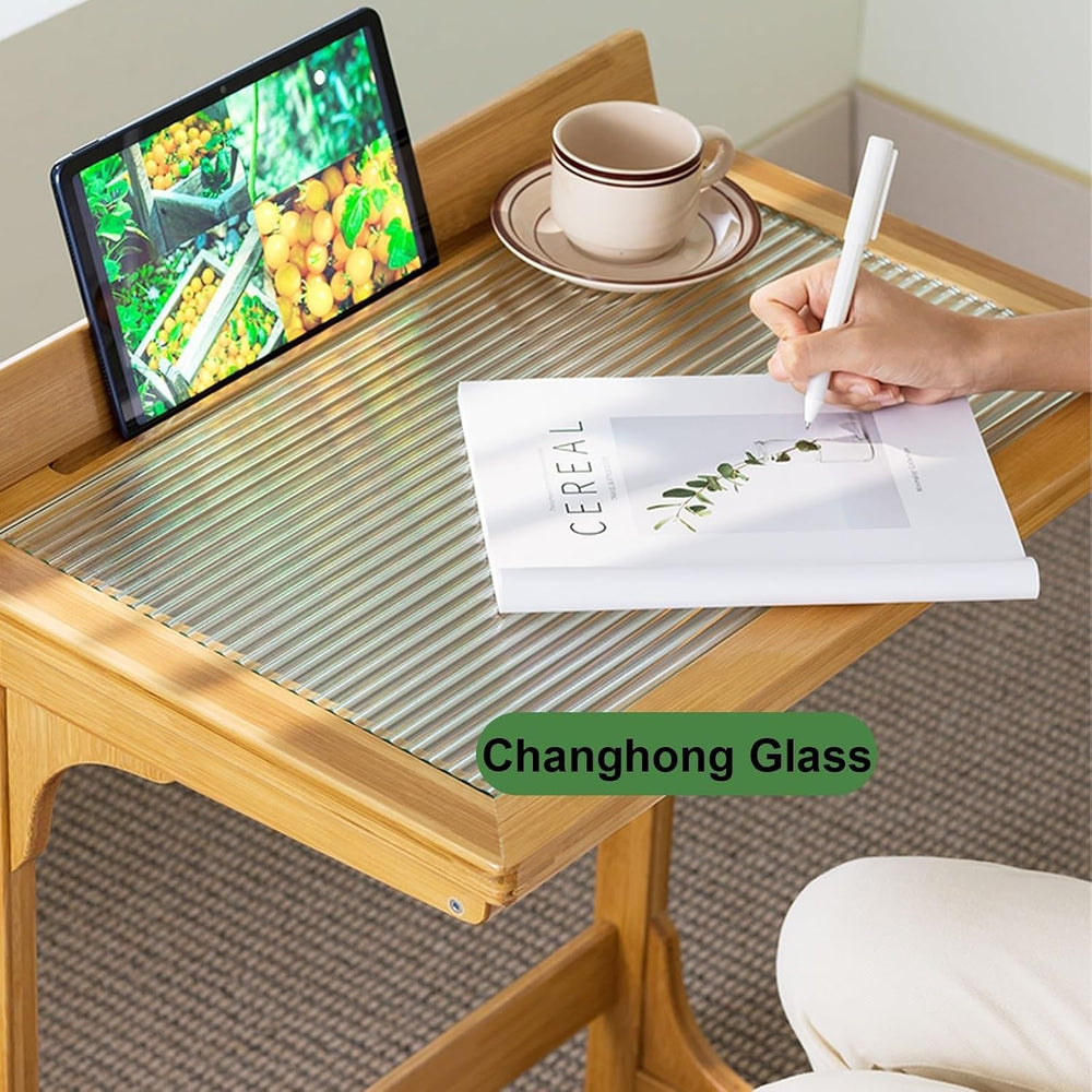 C Shaped End Table with Glass Top, Bamboo Sofa Side Table, Laptop Desk, Snack...