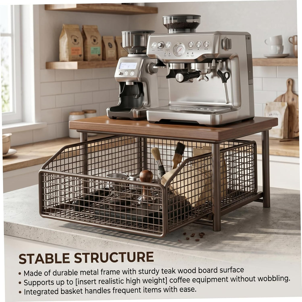 14.6x9.8x7.1 Inch Sturdy Metal Coffee Station Organizer with Drawer & Woo...