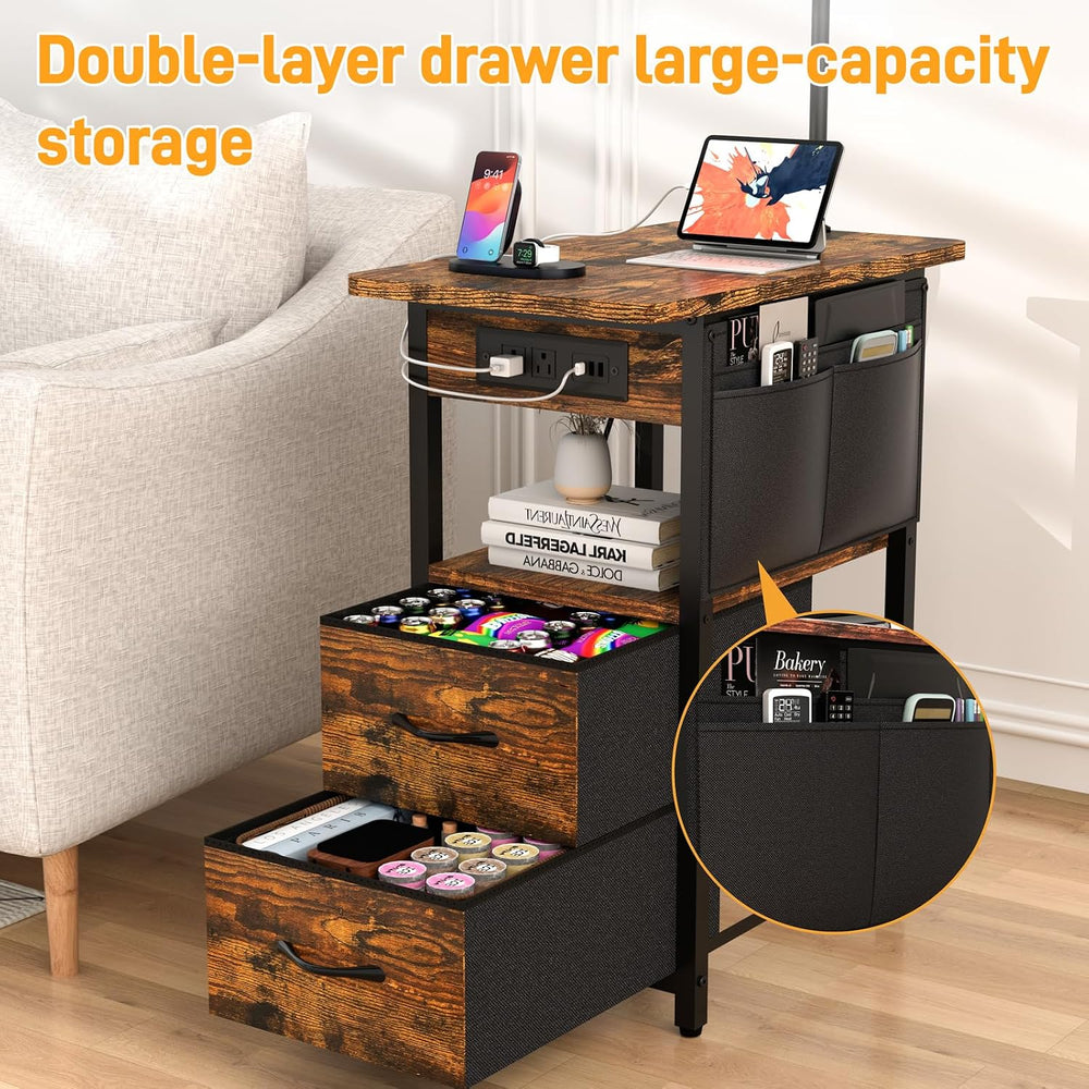 Floor Lamp with Table, Nightstand with Lamp, 2 Drawers, Charging Station