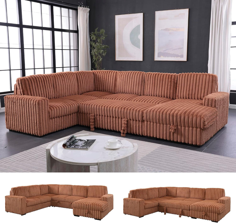 122'' Convertible U-Shaped Faux Rabbit Fur Plush Sectional Sleeper So...