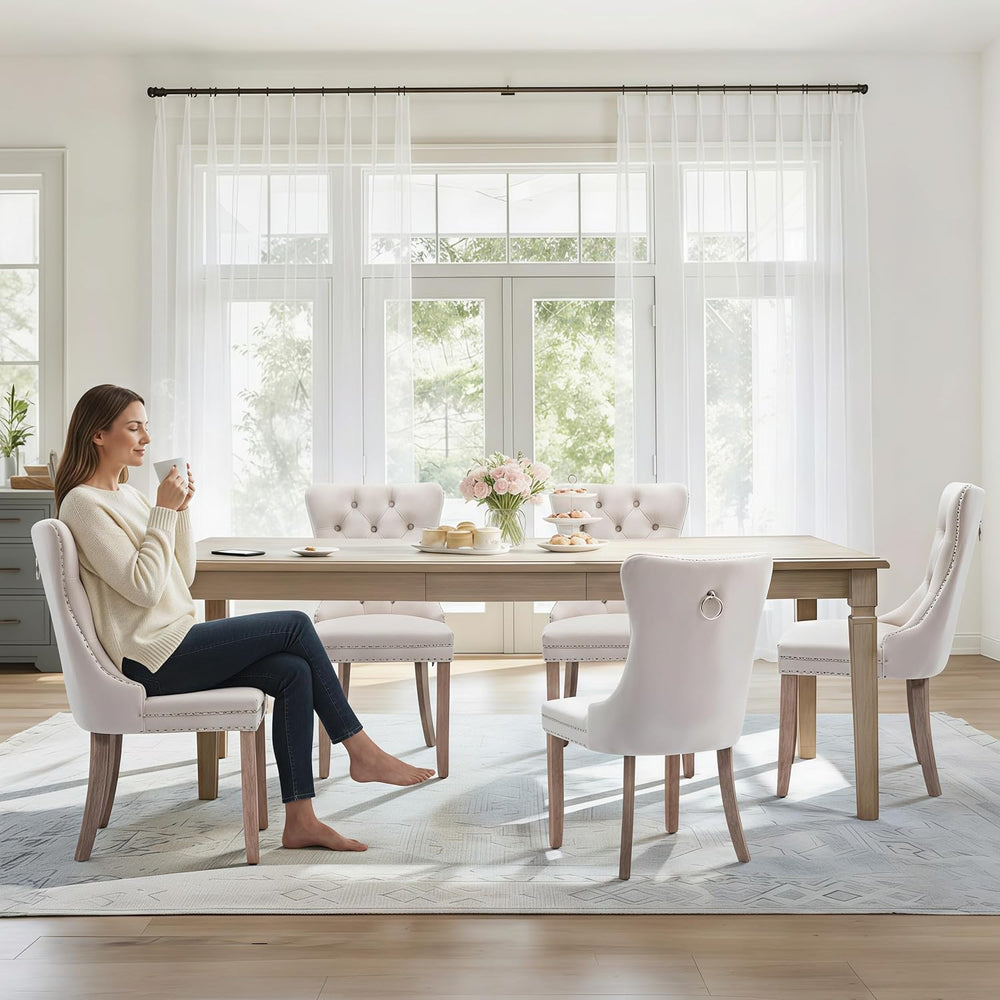 Velvet Dining Chairs Set of 2 Tufted Kitchen Chair Wood Legs,Beige | Mid Cent...