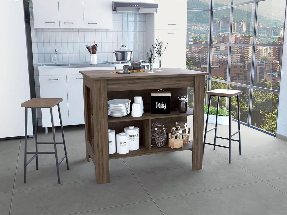 Kitchen Island with Four Legs and Three Shelves in Dark Brown | Three storage...
