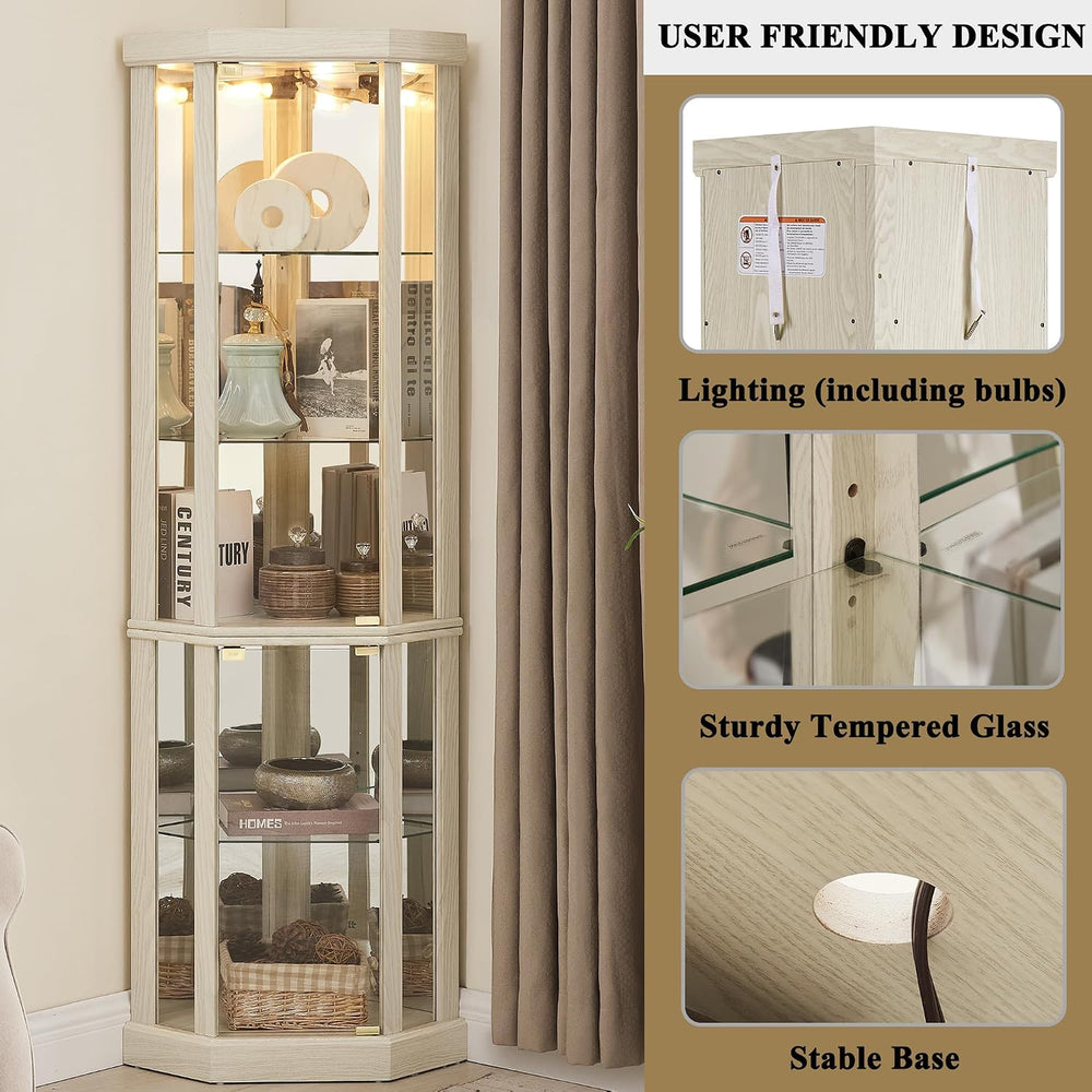 69" H Lighted Corner Display Cabinet, Curio Corner Glass Cabinet w/Adjus...