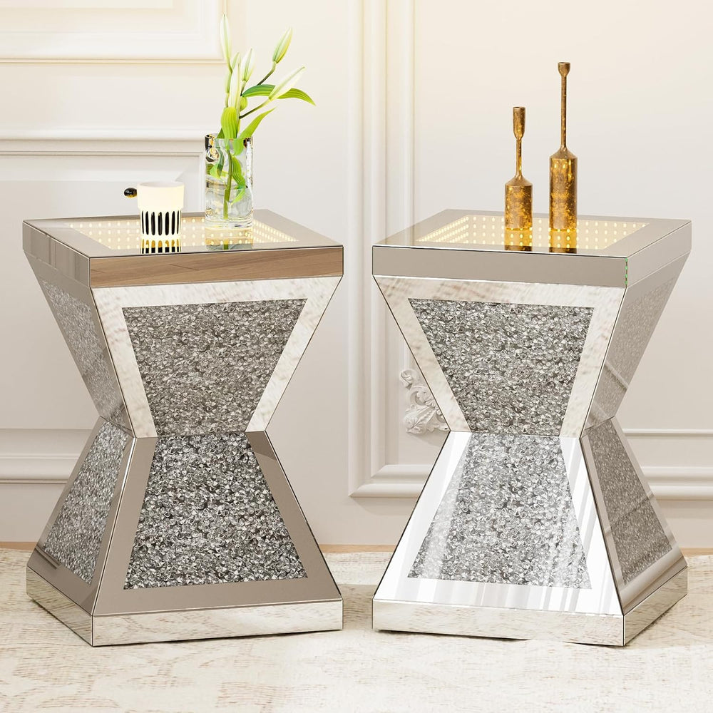 IKIFLY Mirrored Nightstand Set of 2, LED End Table with Irregular Base, Silve...