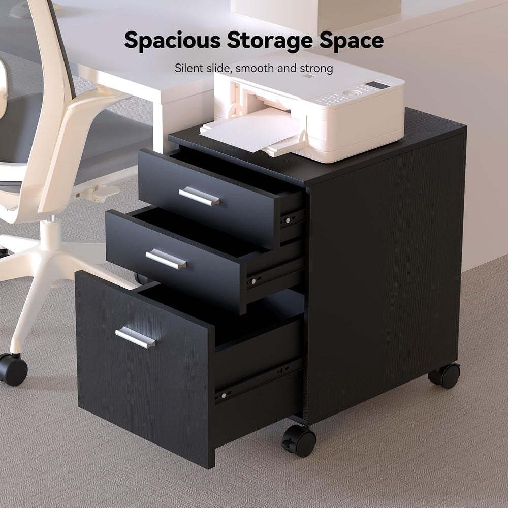 3 Drawer Storage Cabinet,Preassembled Black Wooden Organizer for Files,Under ...
