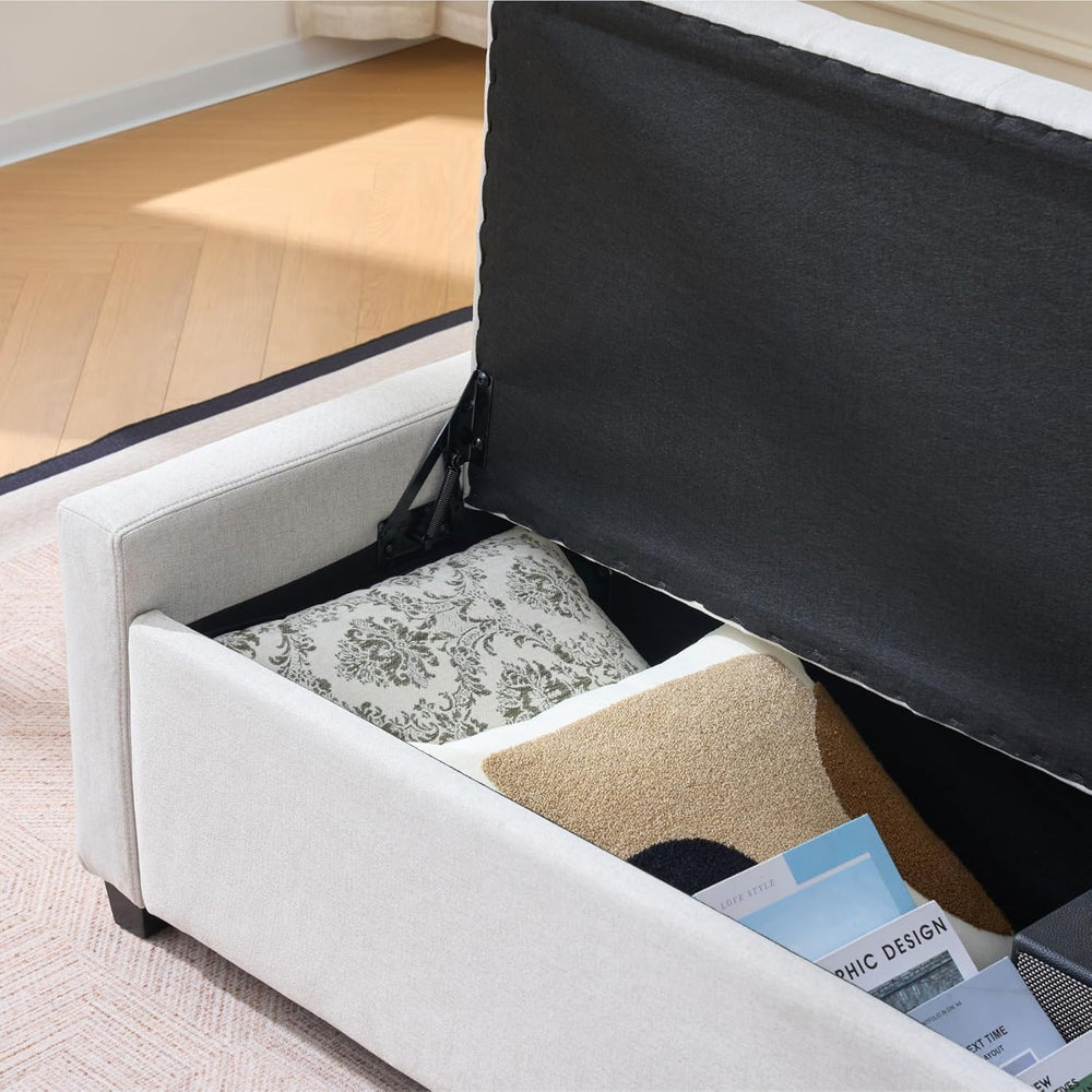 Storage Bench for Bedroom, 48.4'' End of Bed Beige Ottoman Lined Fabr...