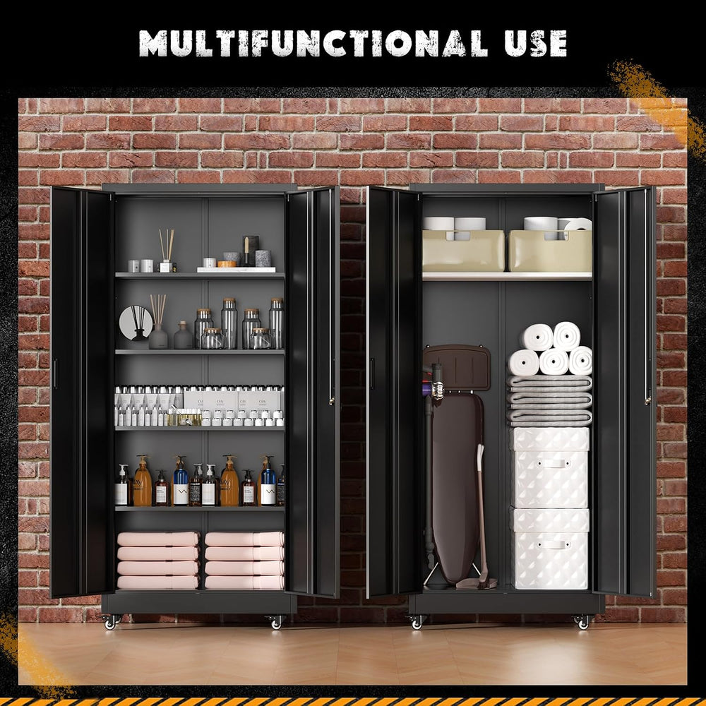 Greenvelly 73" Metal Garage Storage Cabinet with Wheels, Black Lockable ...