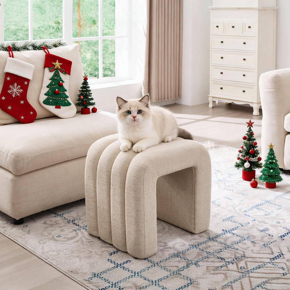 Beige Linen Ottoman Stool, Backless Vanity Stool, Footrest for Couch
