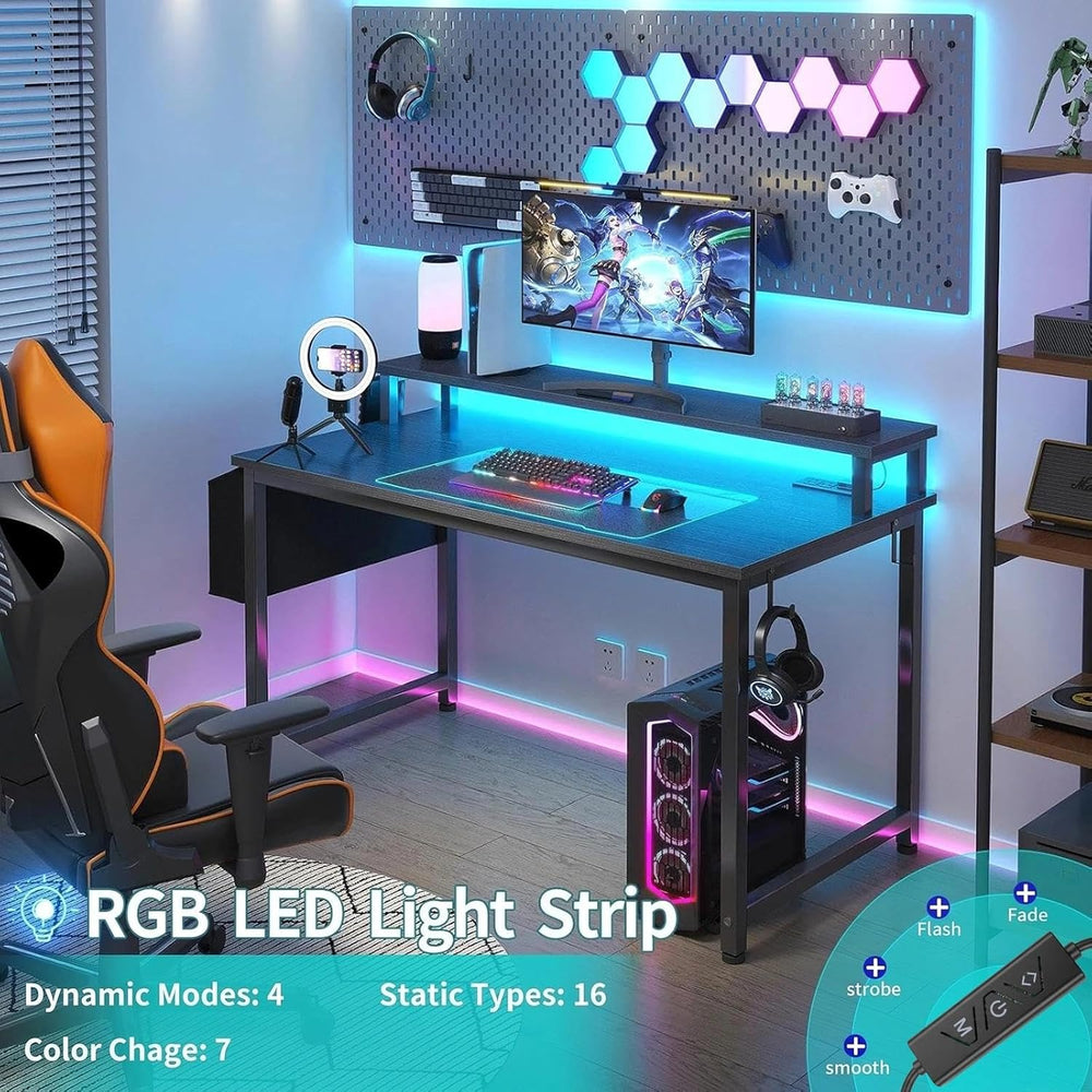Lufeiya Black Gaming Desk with LED Lights and Power Outlets, 40 Inch Teen Wri...