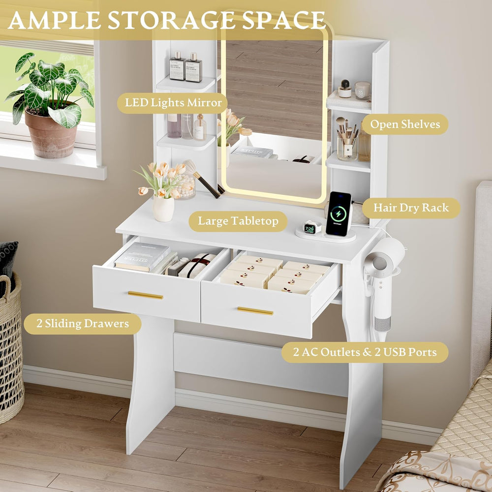 Xixini Vanity Desk with LED Lights Mirror & Power Outlet, Small Makeup Va...