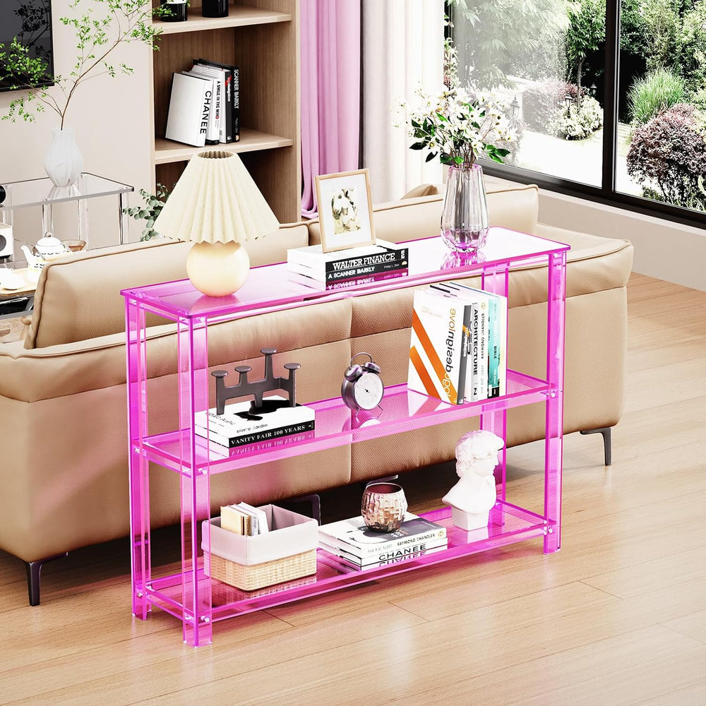 Acrylic Console Table, 3 Tier Entryway Table with Storage Shelves (Light Pink)