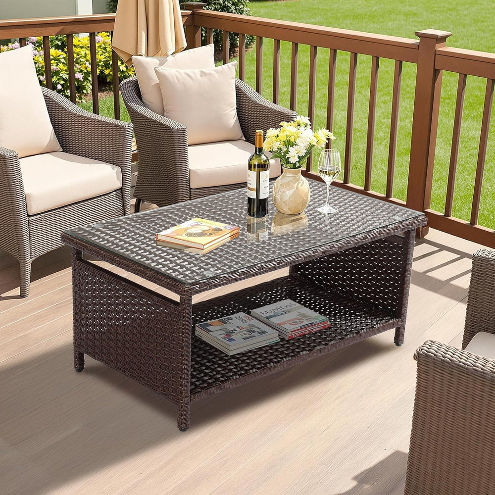 VINGLI Outdoor Wicker CoffeeTable Patio Coffee Tables for Outside, Tempered G...