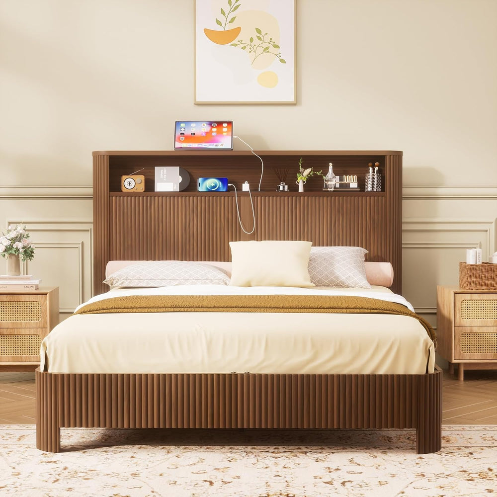 Peanu Queen Bed Frame, Wave Headboard, Charging Station Walnut