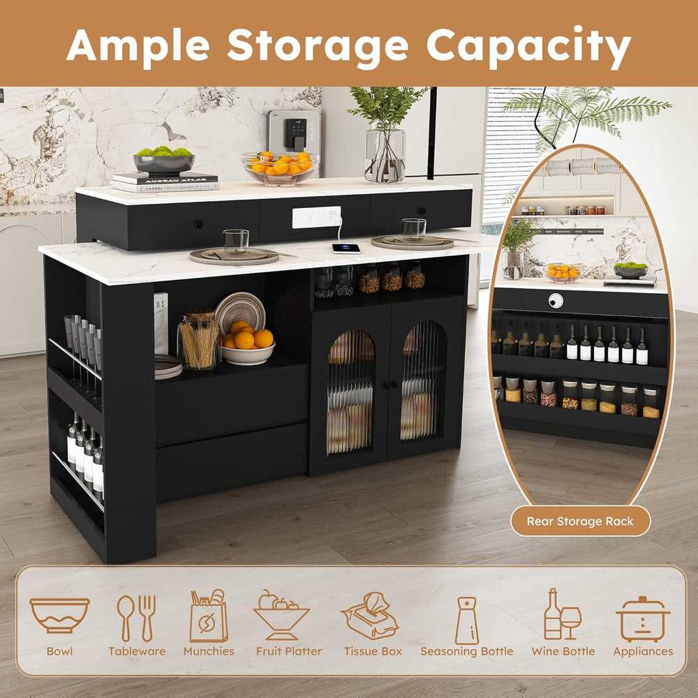 Flieks Kitchen Island with Extendable & Rotating Table, MDF with Marble V...