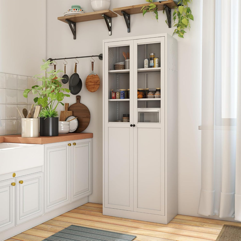 Kitchen Pantry Cabinet, 72" H Storage Cabinet with Glass Doors and Adjus...