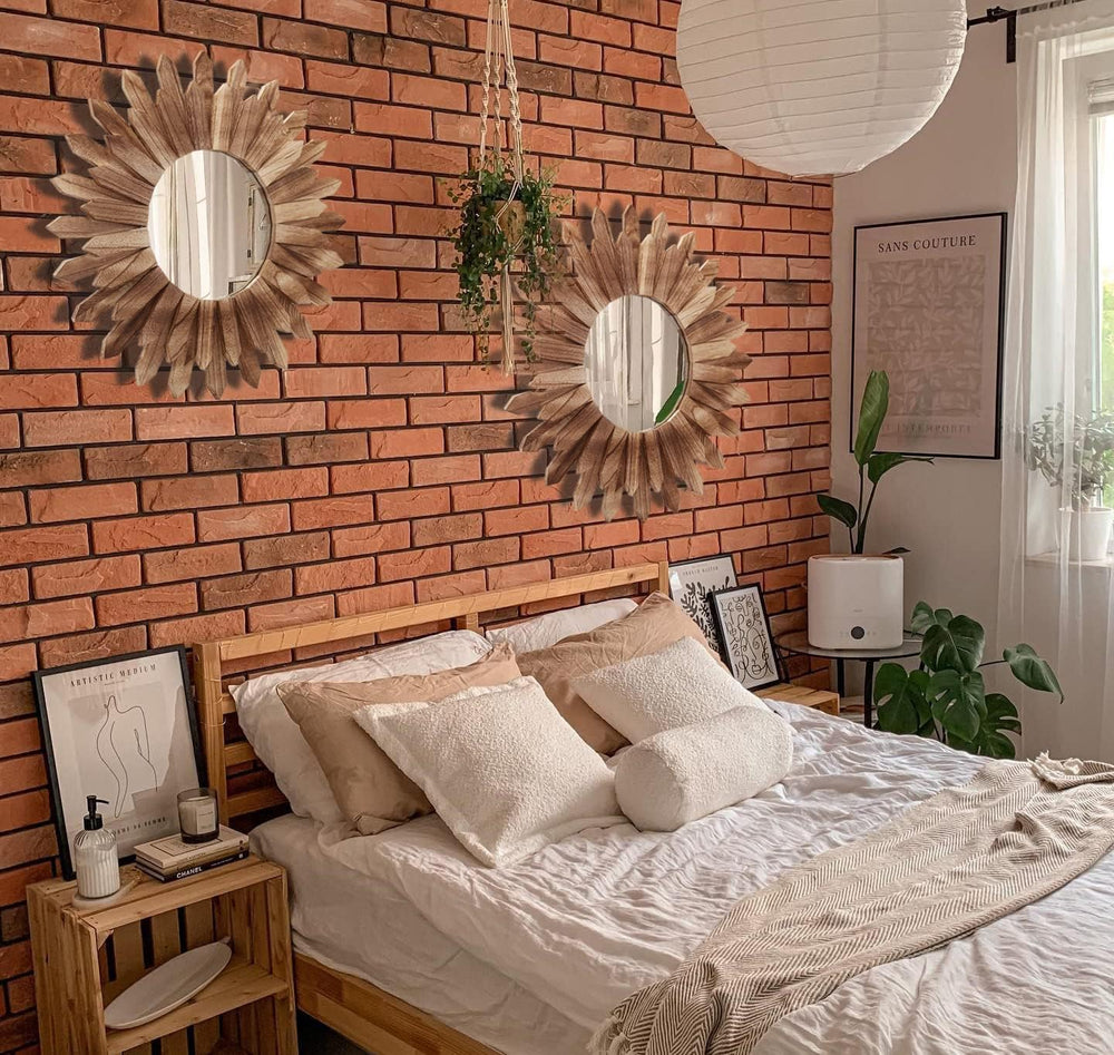 LOSOUR 2 Pack 22 Inch Boho Wall Sunburst Mirror Rustic Round Wood Decorative ...