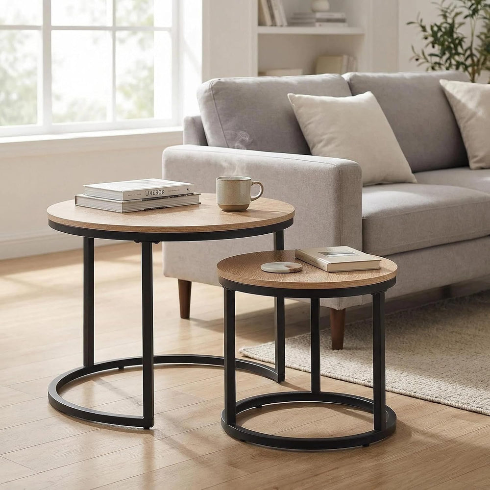 CENSI 24" Natural Oak Round Nesting Coffee Table Set of 2 | Accent Nesti...