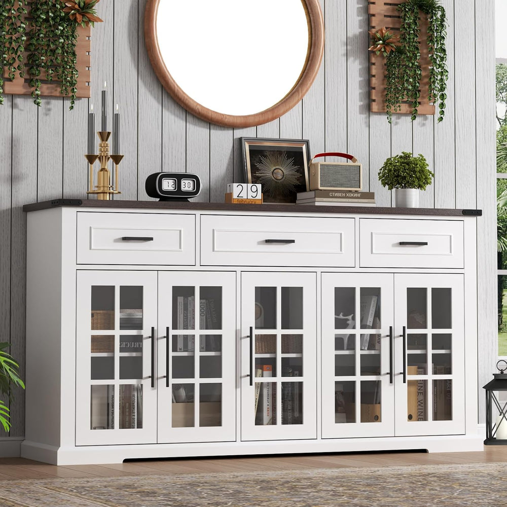 63" Buffet Cabinet with Glass Doors, Farmhouse Sideboard with 3 Drawers