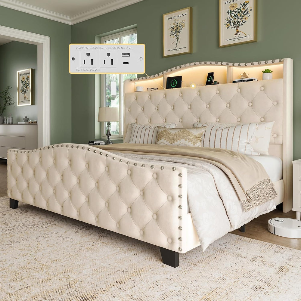 Belffin Queen Size Platform Bed Frame with 50.9" LED Headboard, Beige