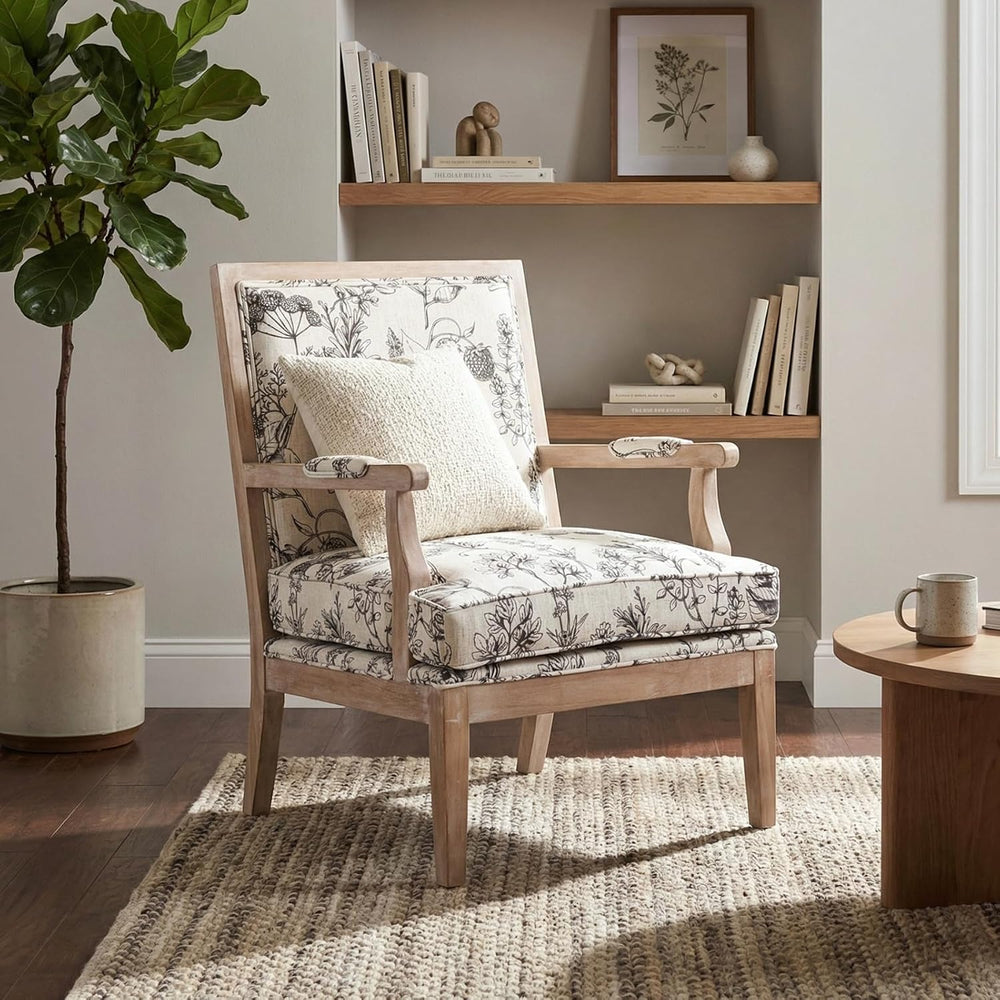 Modern Farmhouse Accent Chair, Wide Linen Upholstered Living Room Chair with ...