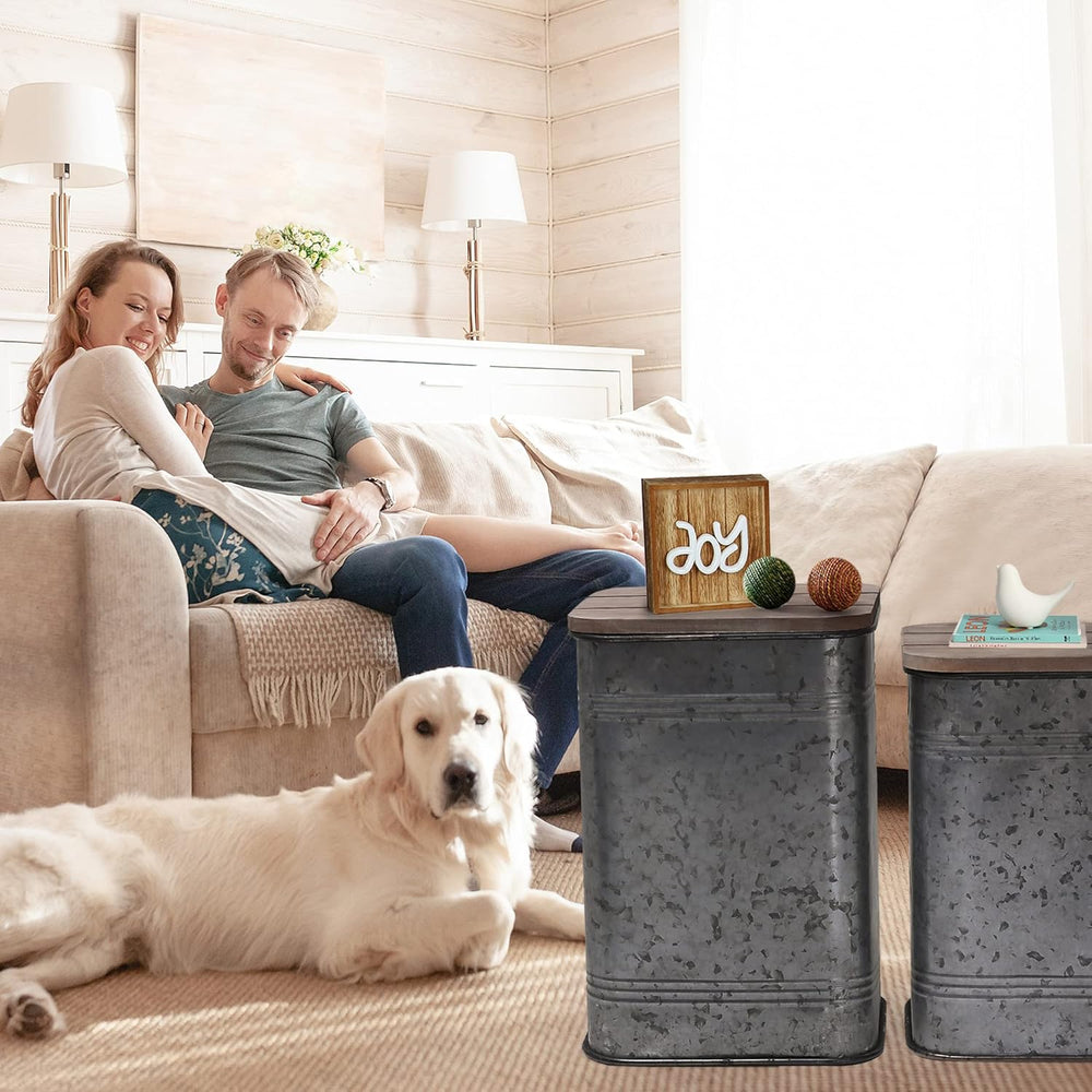 RUSTOWN Farmhouse Accent Side Table, Set of 2 Galvanized Storage Ottoman | An...
