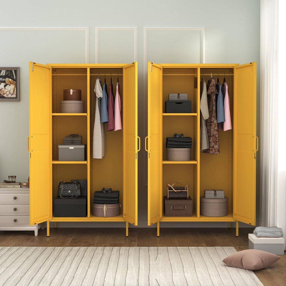 67 Inch Lockable Yellow Steel Wardrobe Storage Cabinet, Freestanding Metal Ar...