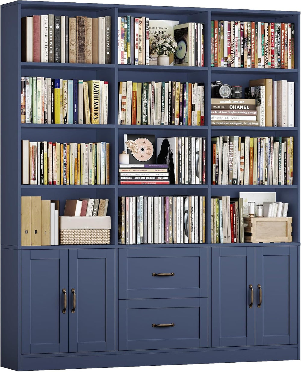 HOSTACK 71" Tall Triple Wide Bookshelf with Storage Drawers & Doors,...