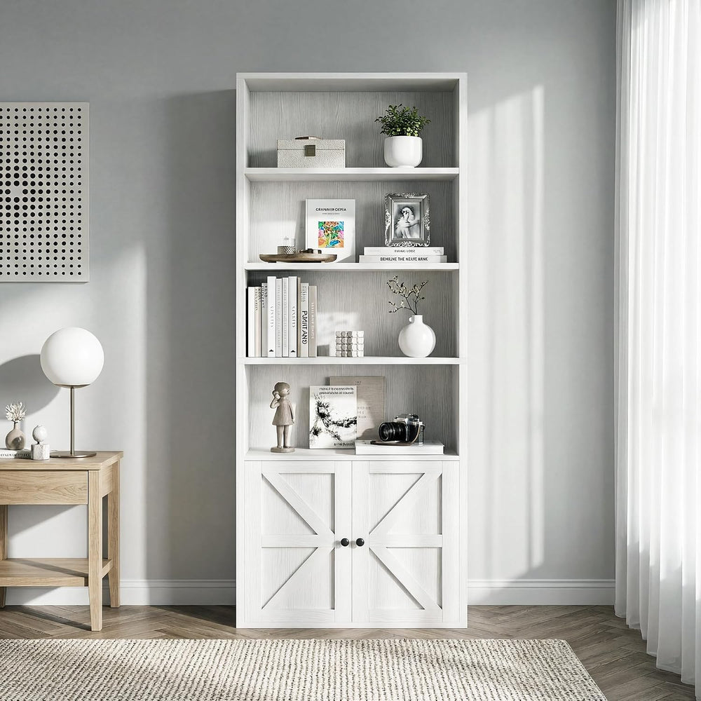 MXV 6 Tier 71" Tall Farmhouse Bookshelf with Barn Door Cabinet, Freestan...