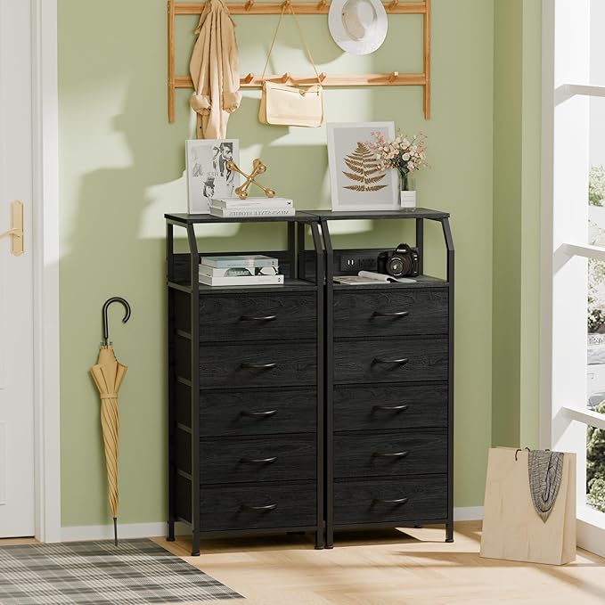 Furnulem 5 Drawers Dresser with Charging Station, Fabric Chest of Drawers wit...