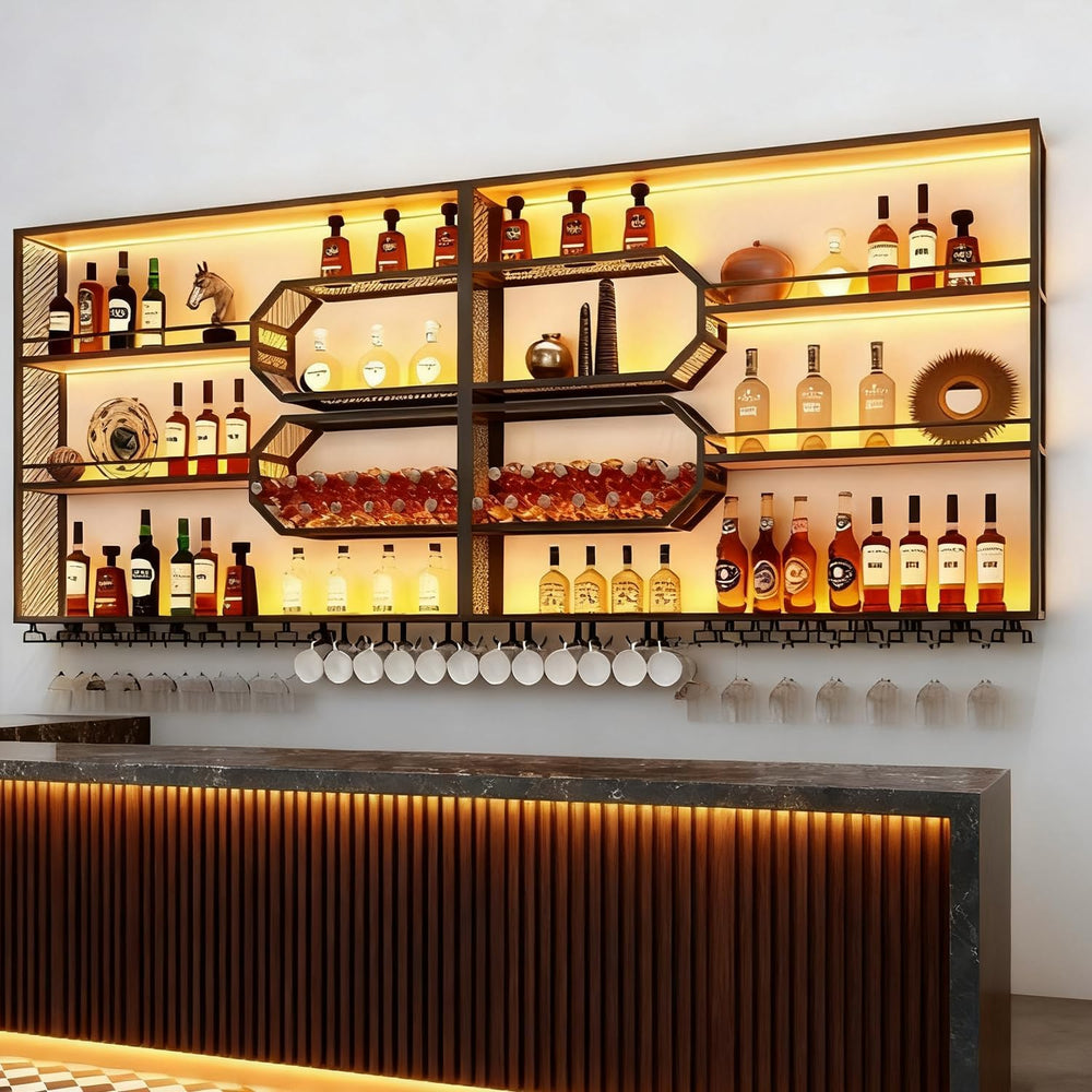 Large Liquor Shelf, Solid Wood Wall Mounted Wine Rack with Glass Holder &...