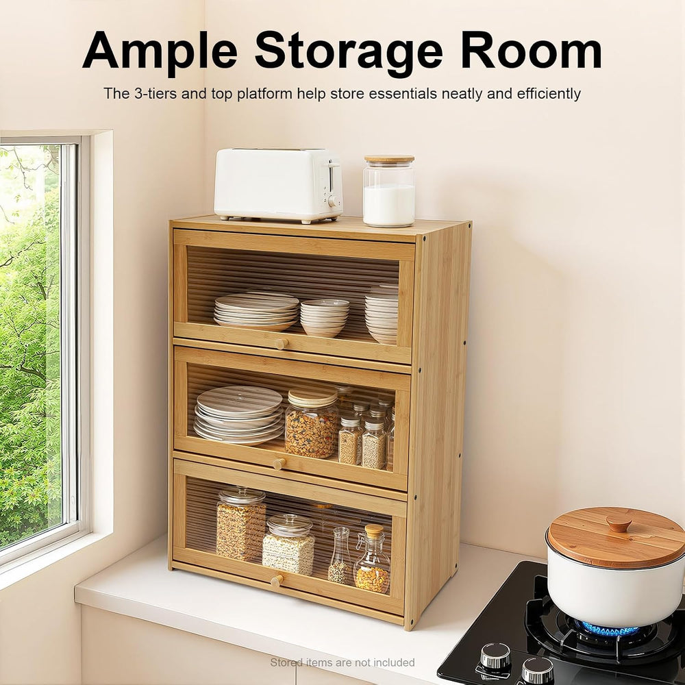 Kitchen Pantry Sideboard Small Bamboo Cabinet with 3 Clear Acrylic Doors Free...