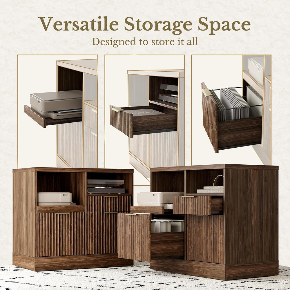 3 Drawer File Cabinet, Fluted Wood Lateral Filing Cabinet with Charging Stati...